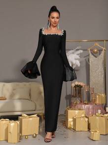 Modphy New Sparkling Rhinestone Embellished Flare Sleeve Bodycon Dress, Elegant For Party, Wedding, Birthday, Eid Celebration,Gown,Formal,Evening,Wedding Guest - Black - View 3