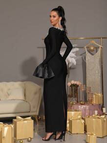 Modphy New Sparkling Rhinestone Embellished Flare Sleeve Bodycon Dress, Elegant For Party, Wedding, Birthday, Eid Celebration,Gown,Formal,Evening,Wedding Guest - Black - View 5