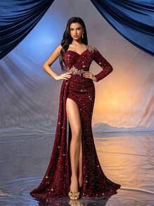 Elisanya Đầm dạ hội đính sequin lấp lánh quyến rũ Đầm dạ hội sang trọng cho phụ nữ dự tiệc tối trang trọng, dạ hội, tốt nghiệp, váy dài tay xẻ tà màu trơn - Màu Đỏ Sâu - Xem 5