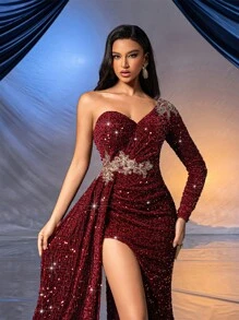 Elisanya Đầm dạ hội đính sequin lấp lánh quyến rũ Đầm dạ hội sang trọng cho phụ nữ dự tiệc tối trang trọng, dạ hội, tốt nghiệp, váy dài tay xẻ tà màu trơn - Màu Đỏ Sâu - Xem 6