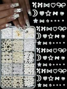 15格白色树脂珍珠混合心形、蝴蝶结、星星、月亮、迷你花、球形美甲装饰DIY工具套装美甲用品指甲饰品美甲宝石 - 彩色 - 查看 3