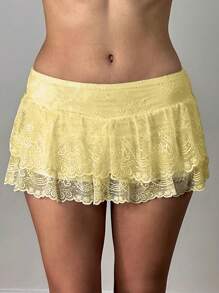 Women's Summer Casual Skirt Solid Color Low Waist Lace Ruffled Skirt With Lined Shorts