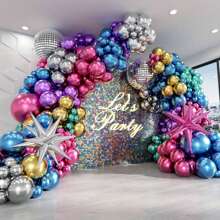 Set de 135 piezas de decoración de arco de bola de discoteca, que incluye globos de bola de discoteca en plata, azul, verde, morado, rosa y dorado, globos de foil de estallido de estrella, adecuado para decoración de fiesta de cumpleaños, década de los 70, 80 y 90, fiesta de disco, regreso a la escuela, Día de San Valentín
