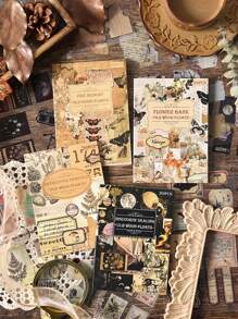 20张/套，复古花卉植物动物图案贴纸书，创意设计防水PET贴纸书-多种风格图案拼接贴纸，适用于DIY手工装饰、日记相册装饰、学校用品贴纸 - 彩色 - 查看 1