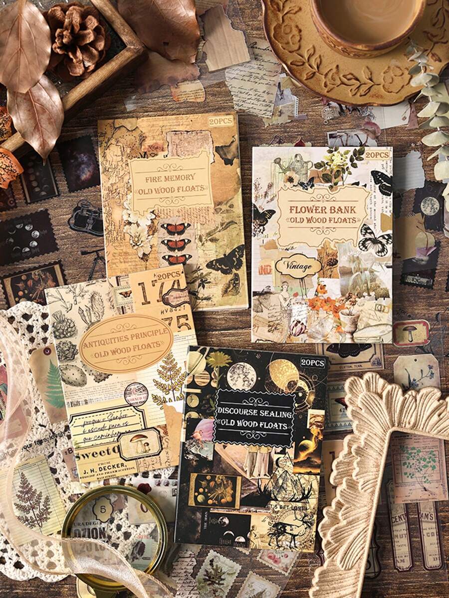 20张/套，复古花卉植物动物图案贴纸书，创意设计防水PET贴纸书-多种风格图案拼接贴纸，适用于DIY手工装饰、日记相册装饰、学校用品贴纸 - 彩色 - 查看 1