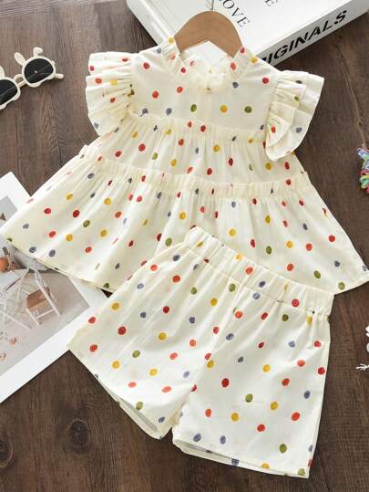 2 pezzi/set Vestito estivo da ragazza con top a maniche corte con balze e pois colorati + pantaloncini a pois colorati, stile dolce per uso quotidiano, adatto per bambine dai 3 ai 7 anni