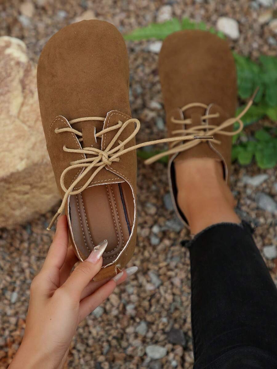 女士平底休闲鞋，复古风格系带平底鞋，舒适一脚蹬圆头鞋，适合所有季节的百搭女士乐福鞋 - 黑色 - 查看 1