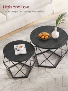 VASAGLE Mesa de Centro Redonda, Juego de 2 Mesas Auxiliares, Estilo Industrial, Tablero Extraíble, Marco de Acero, para Sala de Estar, Marrón Rústico y Negro - Negro - Ver 5