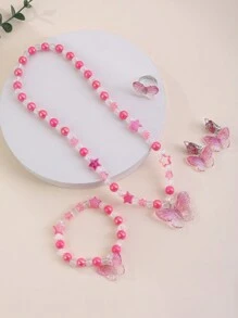 5pcs/Set Kids Pink Butterfly Bead Necklace, Earrings, Ring Set