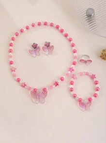 5pcs/Set Kids Pink Butterfly Bead Necklace, Earrings, Ring Set