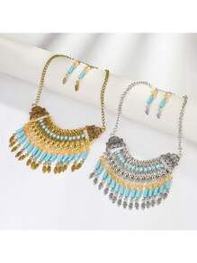 3-teiliges Set mit bohemianischem mehrschichtigem Strass-Anhänger, Halskette und Ohrringschmuck