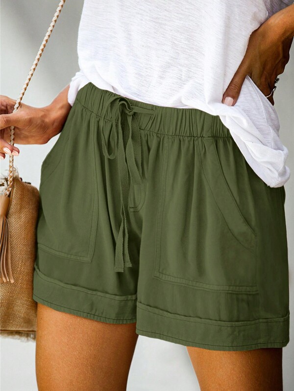 Women's Solid Color Drawstring Waist Casual Shorts For Vacation