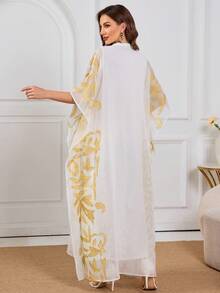 Women's V-Neck Embroidered & Beaded Elegant Arabic Style Dress - White - View 2