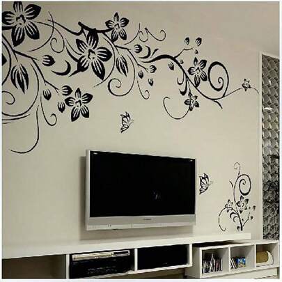 Zwarte vlinder en bloemenrank, zelfklevend behang, verwijderbare tv-achtergronddecoratie, matte PVC waterdichte afwasbare muursticker, exportartikel, stickers, muursticker, vinyl sticker voor huisdecoratie, lentedecoratie-artikelen, verfris uw huis, Rama decoratie stickers, cadeaus, verjaardag, afstuderen