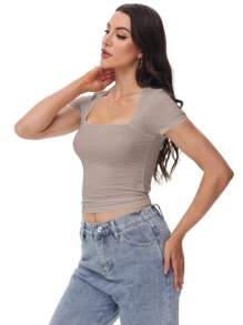 OUTBALL Women's Square Neck Short Sleeve T Shirts Basic Tee Double Lined Slim Fit Tops - 灰色 - 查看 2