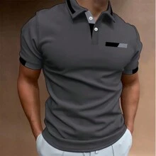 Men's Casual Business Polo Shirt Short Sleeve Top With Buttons And Contrast Collar - Xám - Xem 1
