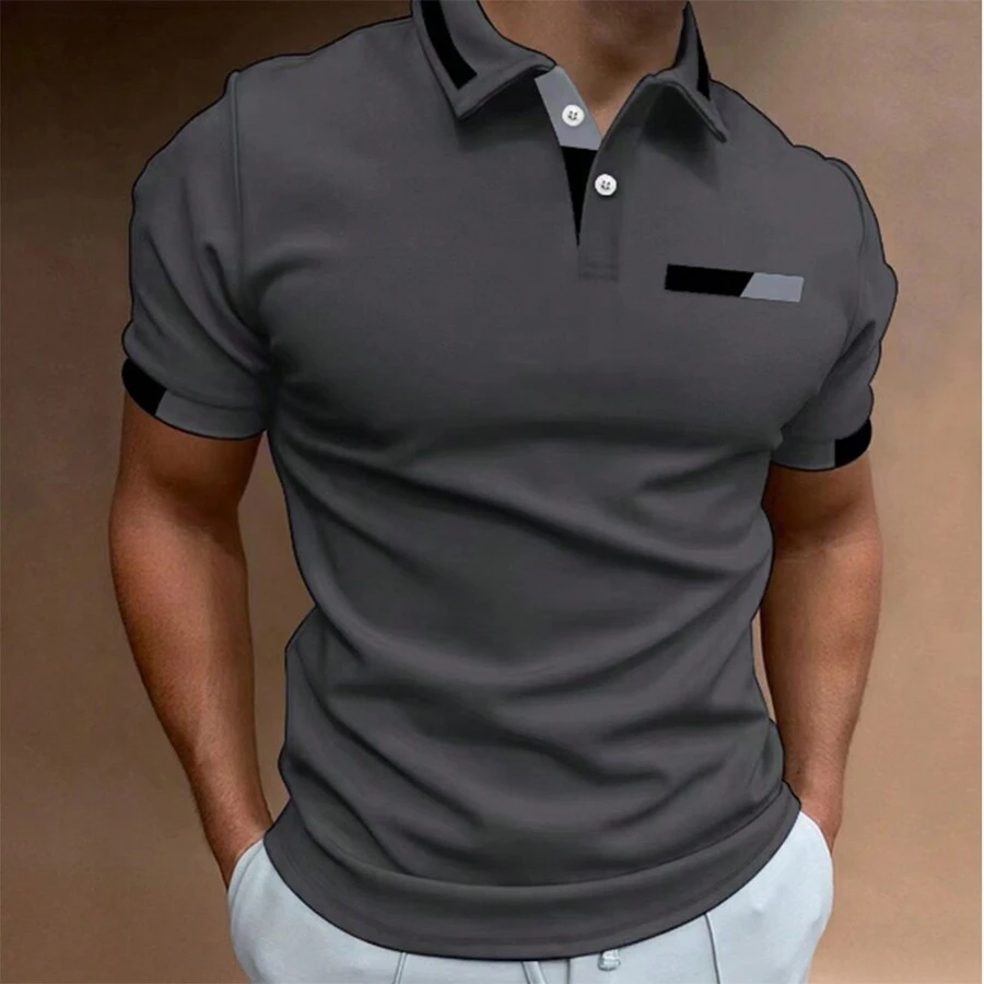 Men's Casual Business Polo Shirt Short Sleeve Top With Buttons And Contrast Collar - Xám - Xem 1