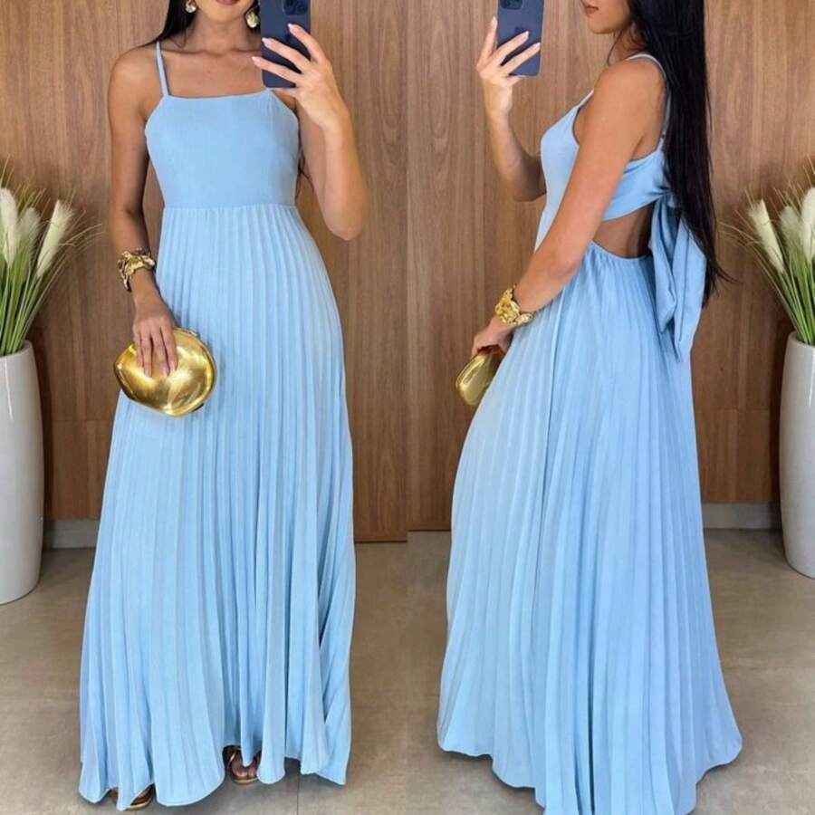 Women's Long Pleated Dress With Open Back - 查看 1
