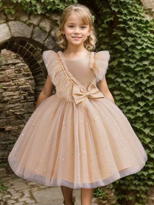 Young Girl High-End Feather Mesh Cap Sleeve Patchwork Dress With Sequin Bow Mesh Tutu Princess Dress For Flower Girl, Wedding, Party, Formal Occasion
