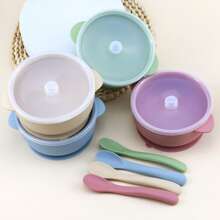 Silicone Baby Tableware, Infant Feeding Bowl With Lid And Silicone Soft Spoon - Multicolor - View 3