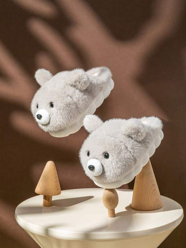 Cute Cartoon Teddy Bear Design Children's Soft Sole Anti-Slip Indoor Home Warm Fluffy Fabric Slippers For Boys & Girls, Autumn/Winter