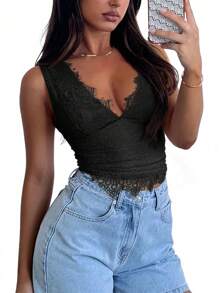 性感蕾丝边 V 领贴身吊带背心，时尚百搭辣妹风格，春夏 - 黑色 - 查看 4
