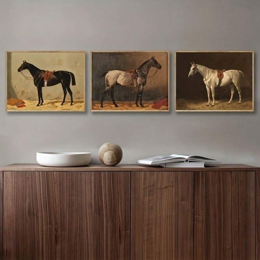3pcs Vintage Thoroughbred Horse Painting Art Prints, Antique Horse Farm Animals Canvas Poster, Retro Horse Wall Pictures For Living Room, Office Home Decor, Farmhouse Wall Decor, Frameless