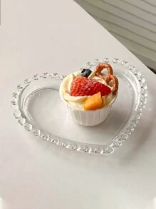 1 pieza Plato de frutas con forma de corazón de vidrio transparente premium, bandeja de exhibición de postres de vajilla retro para decoración del hogar - transparente - Ver 3