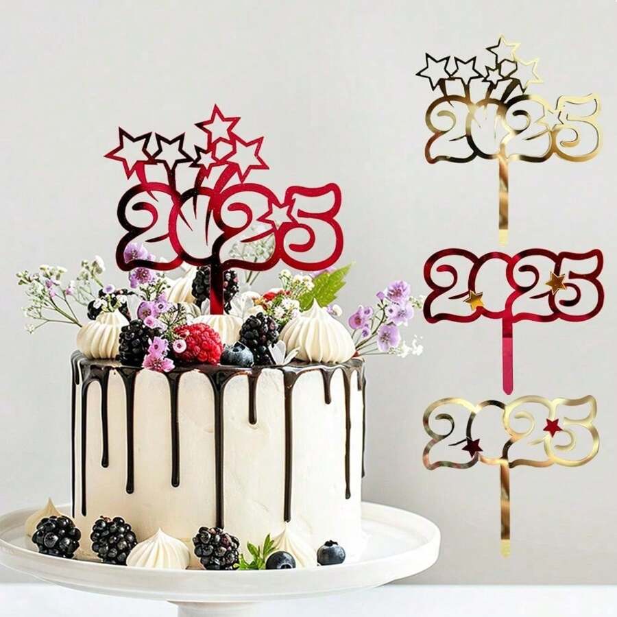 1 pièce Étoiles rouges et dorées en acrylique 2025, Décoration de gâteau pour la fête du Nouvel An 2025, Décoration de gâteau anniversaire