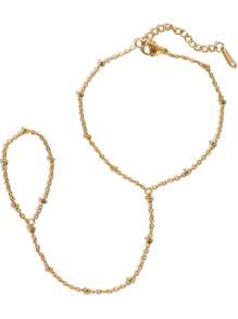 1pc Stainless Steel Minimalist Bracelet & Finger Chain Design Accessory (Bead Placement Random) - Gold - View 3