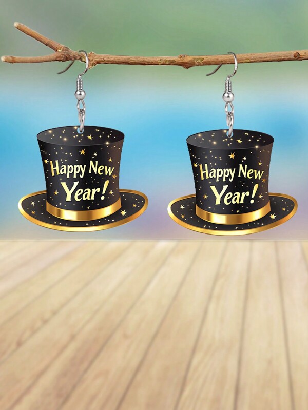 1 Pair Black Top Hat Happy New Year Text Acrylic Earrings Fashion Drop Earrings For Women Holiday Earrings New Year Gift For Best Friend