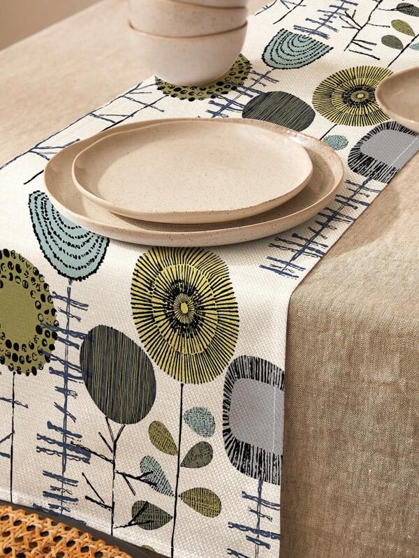 1pc Bohemian Vintage Dandelion Geometric Pattern Linen Table Runner, Suitable For Holidays, Parties, Birthdays, Dinners, Kitchen, Dining Room, Dresser, Home Decor, All Season
