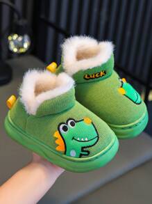 Kids Cartoon Dinosaur Slippers, Warm & Thick, Anti-Slip Soft-Sole Indoor/Outdoor Plush Shoes For Boys And Girls, Winter - Green - View 2