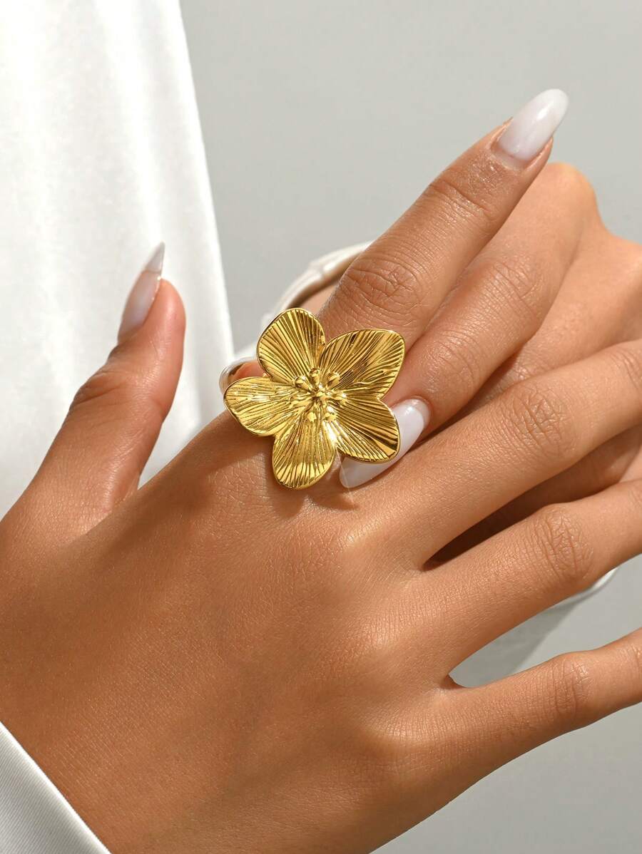 LIEBEIRIS 1 件 18k 镀金简约大花不锈钢戒指，适合女性日常佩戴和送礼