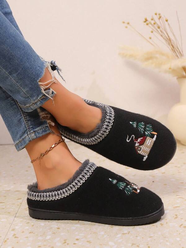pinpochyaw Pantuflas interiores abrigadas y cómodas para mujer con forro de fieltro y bordado de árbol de Navidad para invierno