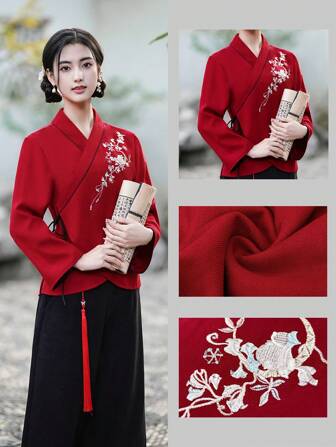 春季中国风传统胸前红花刺绣重叠领系带七分袖适合农历新年、日常、街头、通勤、家居等场合穿的汉服上衣