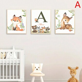 3er Set minimalistisch süßes Wald Thema personalisierte Wandkunst, Waldtier Muster - Hirsch, Hase, Bär, Fuchs, personalisiertes Namens Poster, Leinwand Wanddekoration, Kinderzimmer Deko, Heimdekoration, ideales Geschenk, rahmenlos niedlich & ordentlich, hochwertig, modern, personalisiert, einzigartig, ideales Geschenk für ihn, ideales Geschenk für sie, Küche, Esszimmer, Badezimmer, Wohnzimmer, Schlafzimmer, Schule, Büro, Teeraum, Zuhause, Garten, Schul-Zubehör