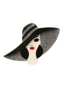 1pc Handmade Retro Modern Woman With Hat Acrylic Brooch, Vintage Cartoon Character Portrait Pins