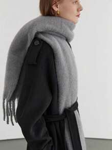 1pc Soft & Fuzzy Solid Color Fashionable Shawl, Versatile Tasseled Warm Scarf - Simple Blue - View 1