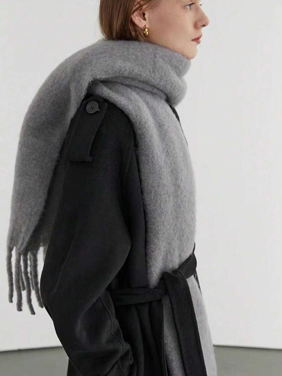 1pc Soft & Fuzzy Solid Color Fashionable Shawl, Versatile Tasseled Warm Scarf - Simple Blue - View 1