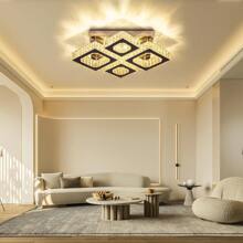 22" Crystal Chandelier Square Crystal Ceiling Light Led Flush Mount Ceiling Lighting Modern Crystal 4 Lights Chandeliers For Living Room Bedroom Kitchen (Coo White/Warm White/Dimmable)