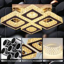22" Crystal Chandelier Square Crystal Ceiling Light Led Flush Mount Ceiling Lighting Modern Crystal 4 Lights Chandeliers For Living Room Bedroom Kitchen (Coo White/Warm White/Dimmable)