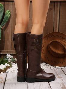 EMERY ROSE 2024 年冬季时尚黑色马术靴，带扣装饰，直筒，过膝，修身，棕色，女款