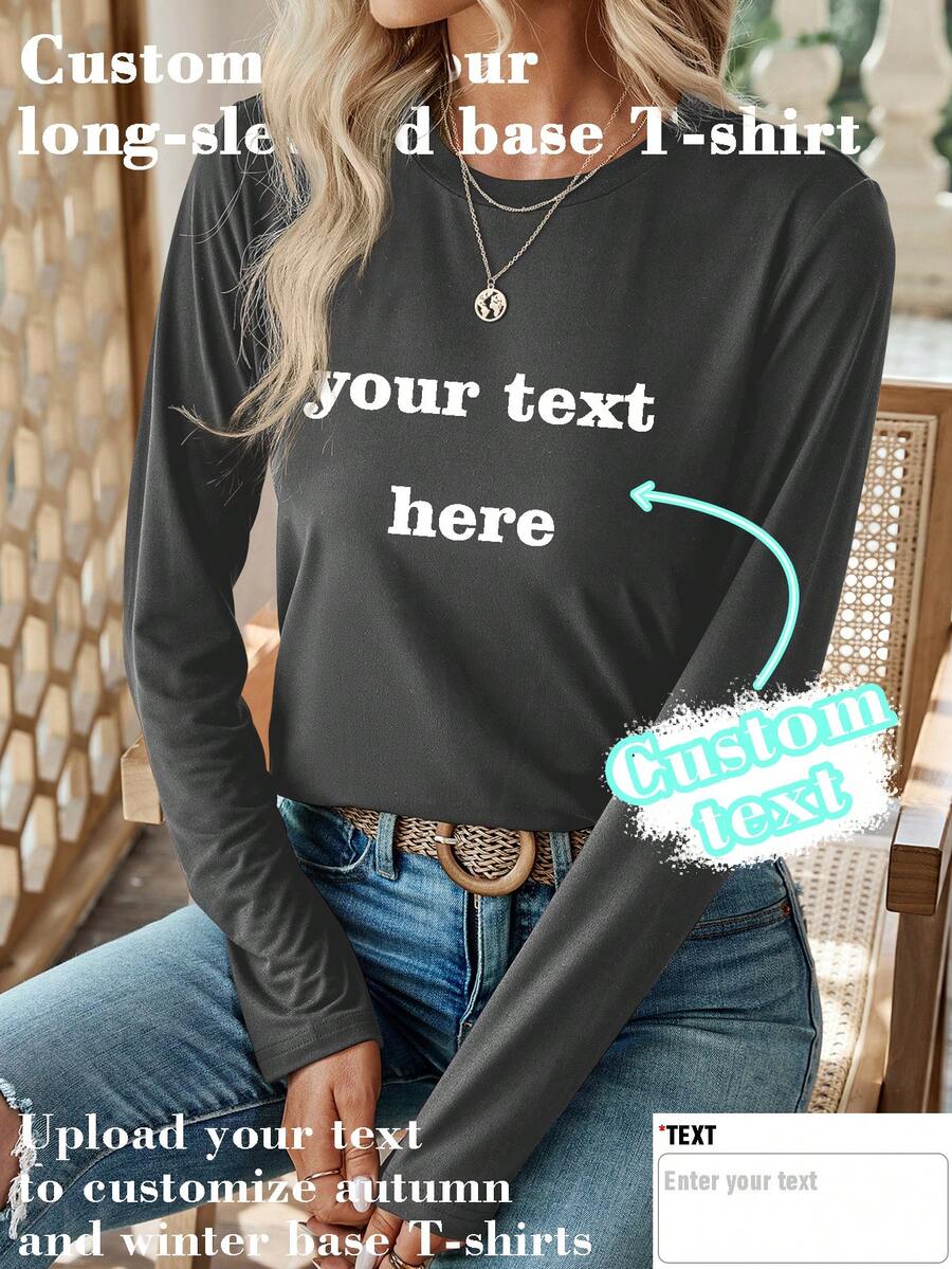 Customized Thanksgiving, Christmas Gift, Logo | Business | Wedding Gift | Party | Birthday Gift | Customized Women's Long Sleeve T-Shirt - Add Your Own Text (Christmas Message / Thanksgiving Message / Name / Feeling /)' - Dark Grey - View 1