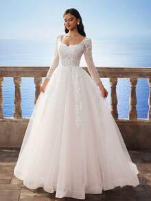 Square Neck Elegant Embellished Long Sleeve Luxury Lace Trailing Wedding Dress - White - View 10