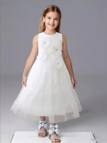 Girls Handcraft Ruched Sleeveless Mesh Elegant Recital Dress - White - View 1