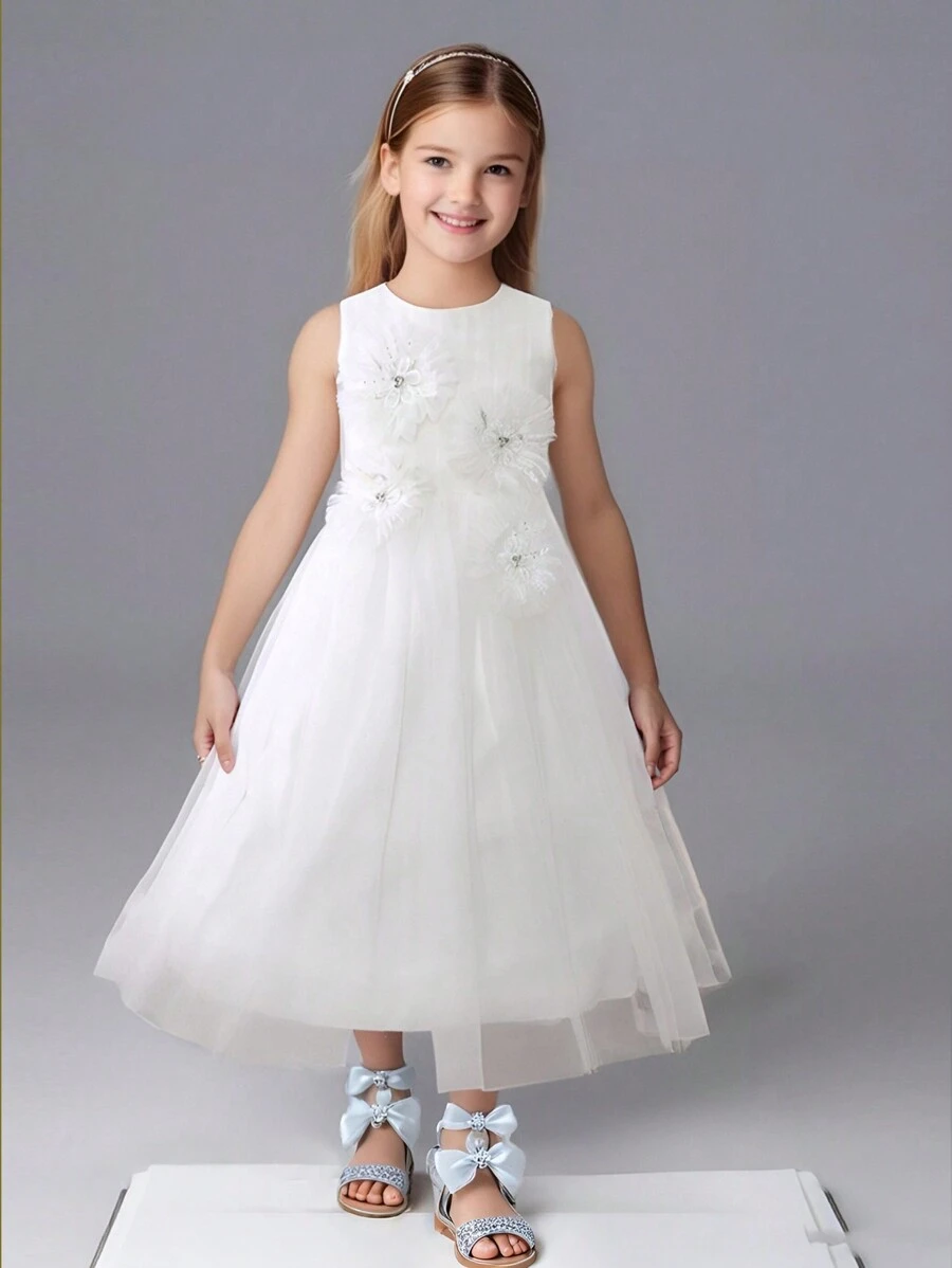 Girls Handcraft Ruched Sleeveless Mesh Elegant Recital Dress - White - View 1