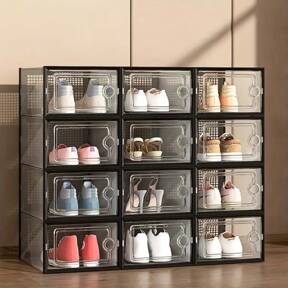 6/12 Thick Transparent Shoe Boxes With Lids, Foldable And Stackable Shoe Racks, Plastic Sports Shoe Containers, Space Saving Storage Organizer, Used For Foyer, Bedroom, Home, Dormitor