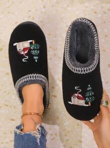 pinpochyaw Pantuflas interiores abrigadas y cómodas para mujer con forro de fieltro y bordado de árbol de Navidad para invierno