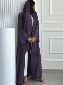 2pcs Women Grey Robe Striped Embroidery Cardigan Jacket With Headscarf Set, Dress Suit, Modest Abaya - Dark Purple - View 4
